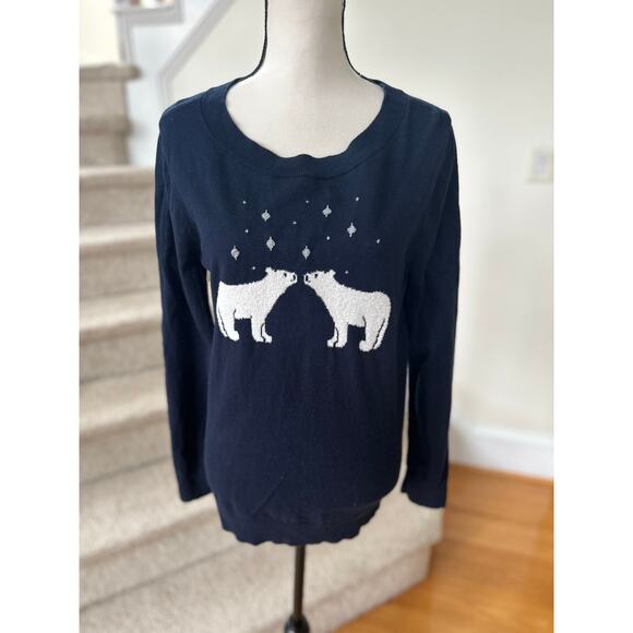Loft Navy Fuzzy Polar Bear Winter Holiday Long Sleeve Crewneck Sweater - Picture 1 of 7